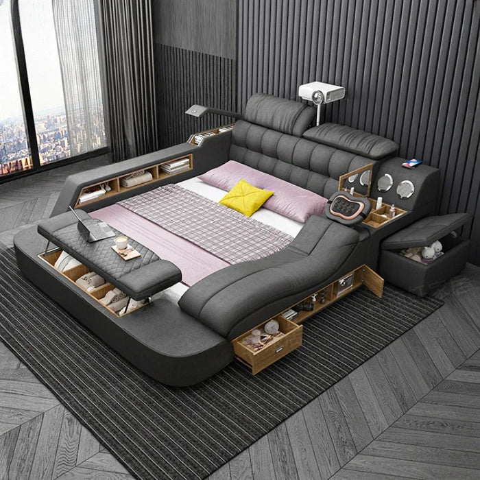 Nordic Smart Aesthetic Double Bed Master Storage Luxury White Double Bed Multifunctional Leather Camas Matrimonial Furniture