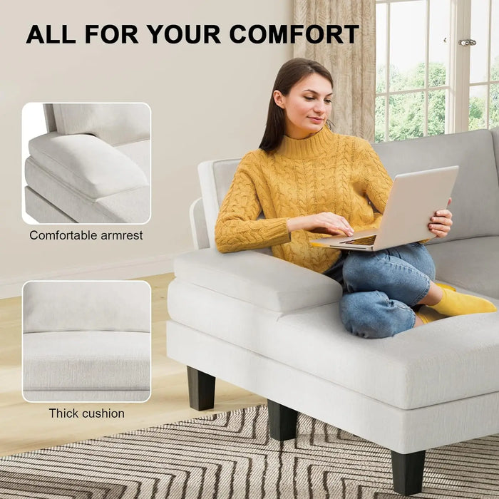 Living Room with Throw Pillows, U-Shaped Modern Minimalist Fabric Modular Sofa with Double Chaise & Memory Foam (White)