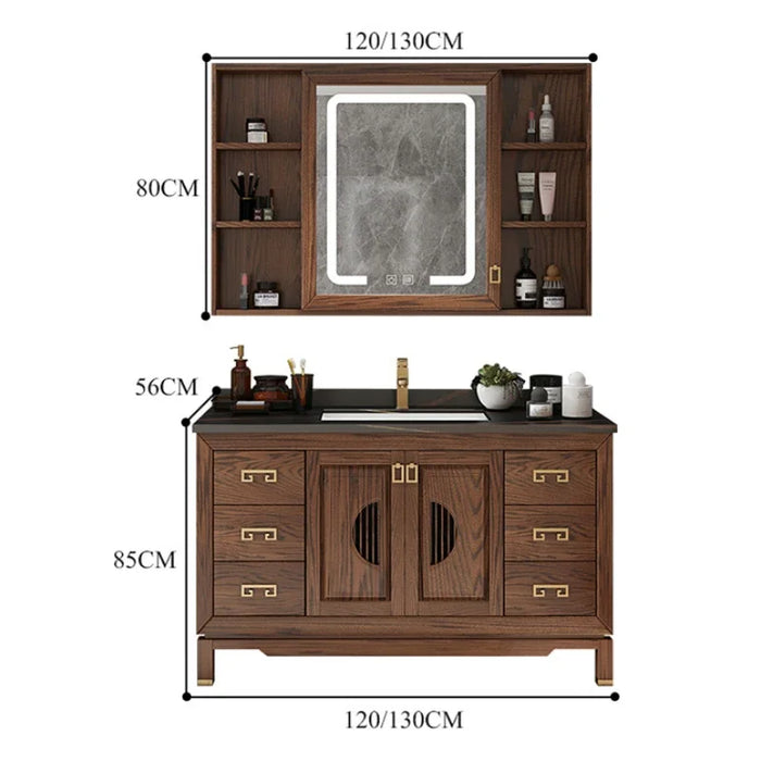 Vintage Oak Bathroom Cabinet Solid Wood Bathroom Vanity Cabinet with Sink Ceramic Washbasin Slate Countertop Bathroom Furniture