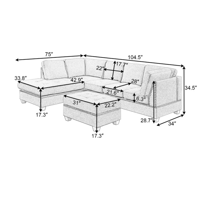 104.5" Reversible Sectional Sofa with Storage Ottoman Rivet Ornament L-shape Couch for Apartment