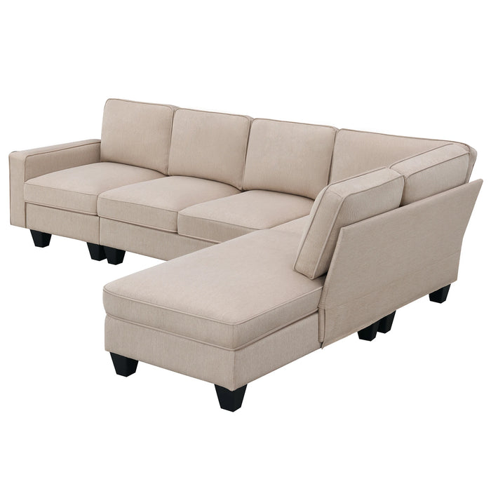 Modern L-shaped Sectional Sofa,7-seat Linen Fabric Couch Set with Chaise Lounge and Convertible Ottoman,Sofa Sets
