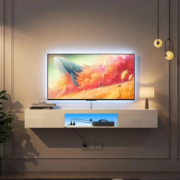 TV Bench 70" Wall Mounted with 16-Color LED Lights and 2 Doors, 63" Modern Entertainment Center Media Console, Black