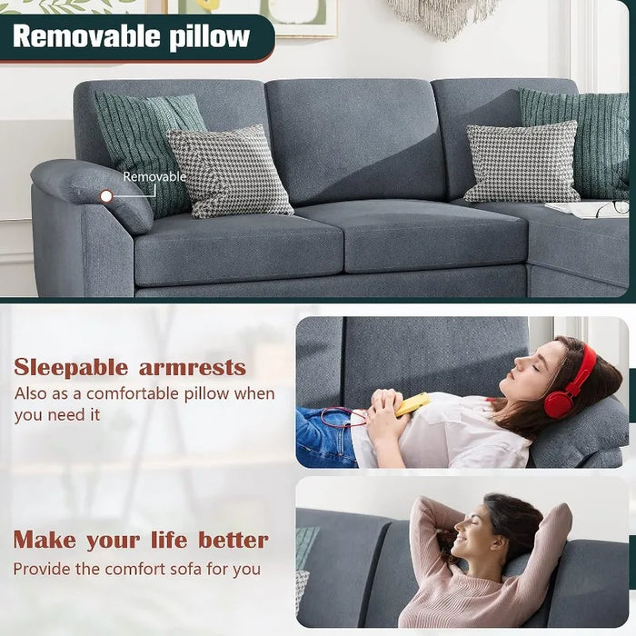 Convertible Sectional Sofa Couch,3 Seat L Shaped Sofa with Removable Pillows Linen Fabric Small Couch Mid Century for Living Roo