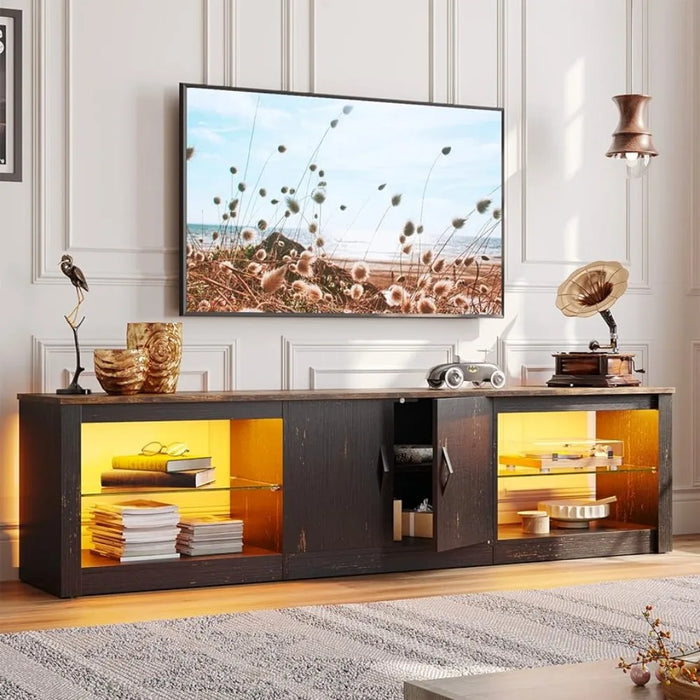 70 Inch Led TV Stand for 75 Inch TV Adjustable Glass Shelves Two Cabinets TV Console for Living Room,Golden Black