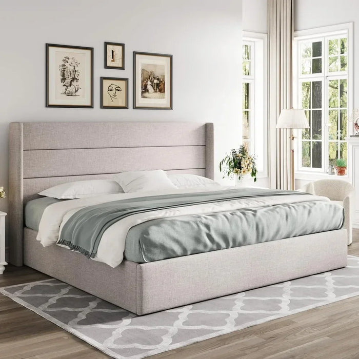 Bed frame large lift storage bed, no springs required, easy assembly, hydraulic storage, modern wing back headboard