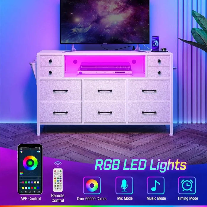 Dresser with Power Outlets and LED Lights, 10 Drawers Dresser with Side Pocket, Fabric Chest of Drawers with PU Finish