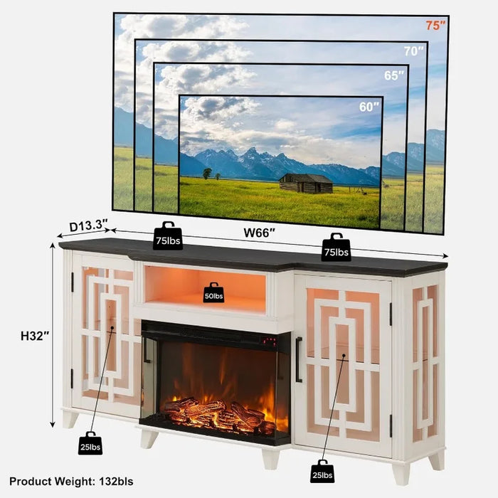 3-Sided Glass Fireplace TV Stand for 75 Inch TV w/LED Light, Farmhouse Highboy Entertainment Center w/26in Electric Fireplace