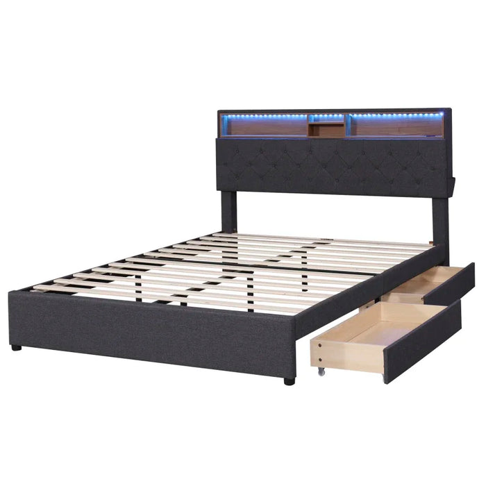 Charging Design Queen Size Upholstered Platform Bed with Storage Headboard, LED, USB Charging and 2 Drawers, Dark Gray