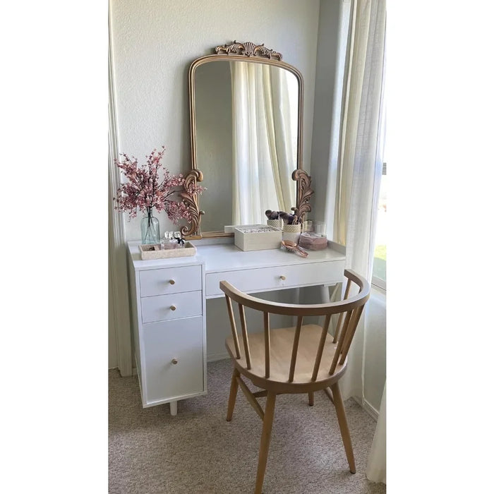 Dresser or vanity table with 4 drawers and brass-trimmed knobs, white wood