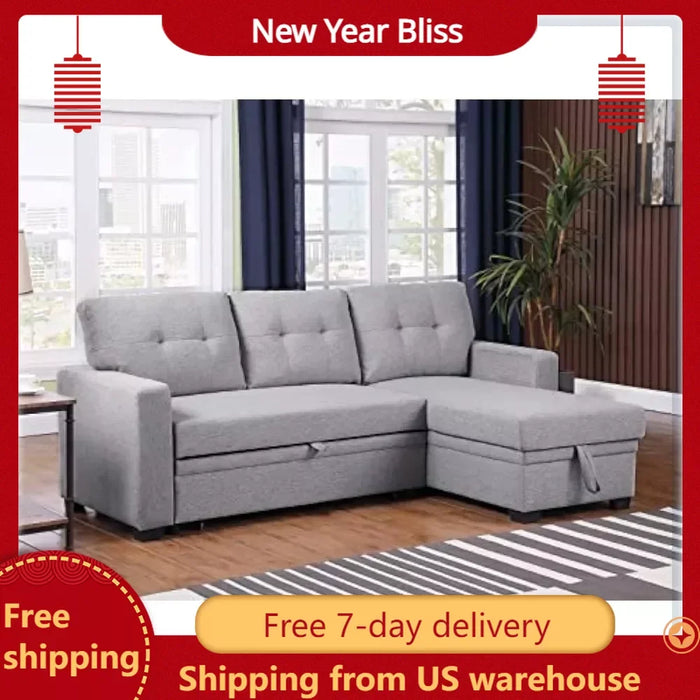 Living room sofa, convertible sectional sofa bed, foldable chaise longue with storage, home furniture, light grey