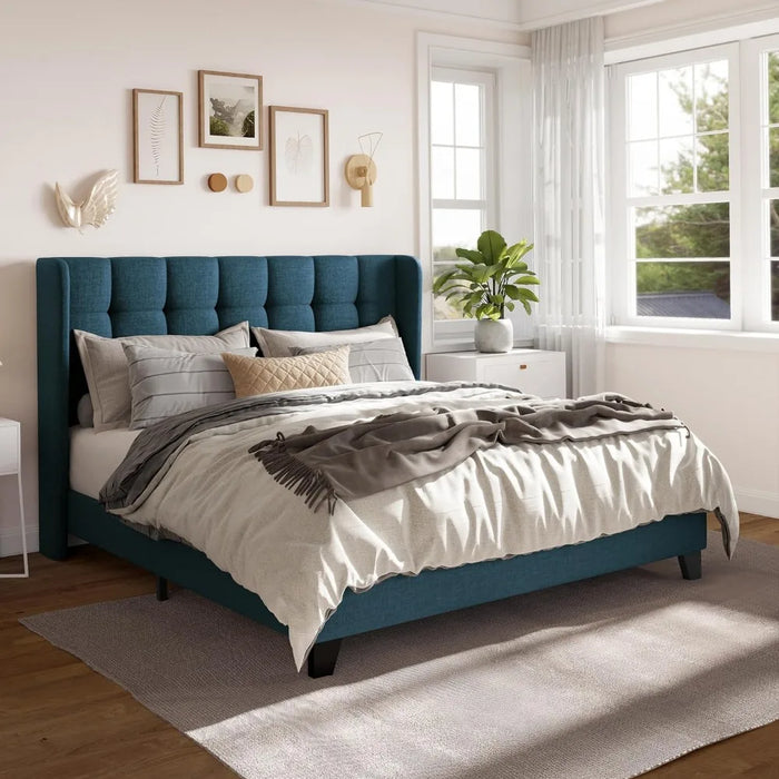 Queen Size Platform Bed Frame with Wingback, Fabric Upholstered Square Stitched Headboard and Wooden Slats