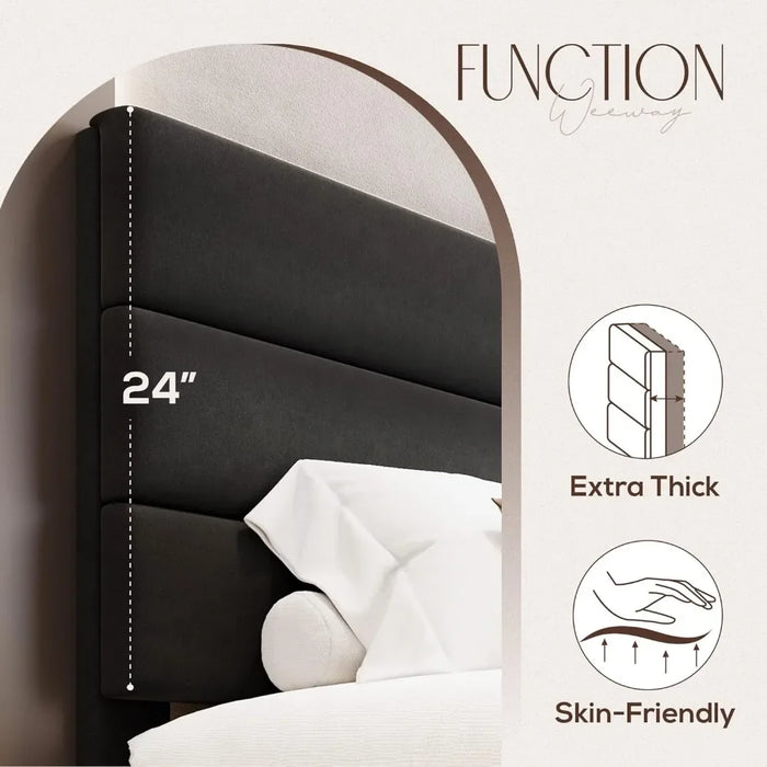 Bed Frame with Velvet Upholstered Headboard and Wooden Slats Support, Queen Size Bed Frame
