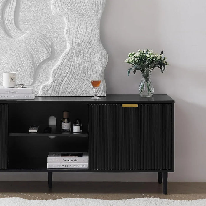 TV Stand Modern Living Room with Storage Cabinets, Wood TV Cabinets with Sliding Doors &Ajustable Shelves, TV Console