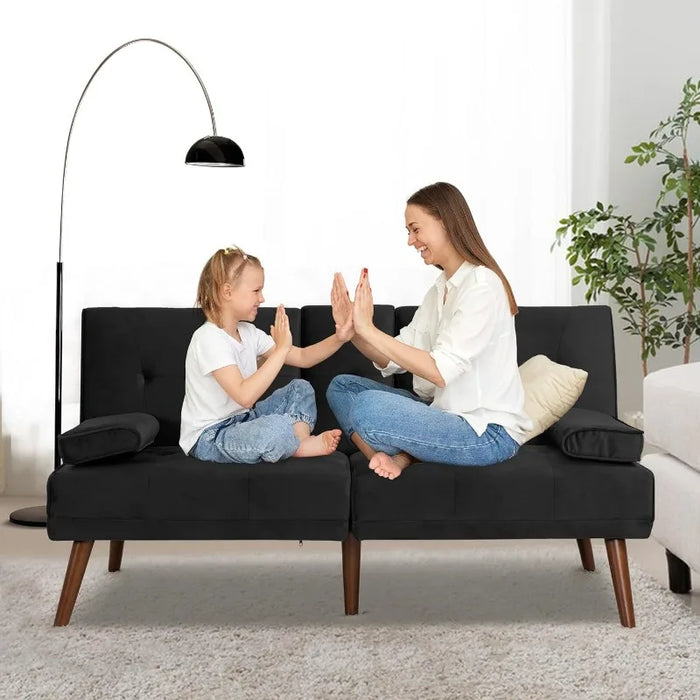 Shahoo Convertible Folding Futon Sofa Bed Sleeper Couch f, Metal Legs, 2 Cup Holders, Black