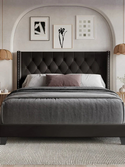 Wingback Platform Bed Frame with Headboard with Wood Slat Support and Square Stitched Headboard