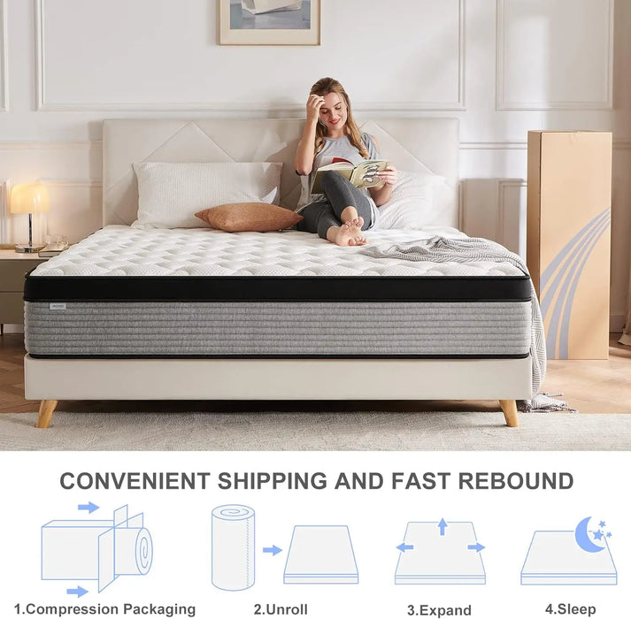 JINGWEI Queen Mattress, 10 Inch Innerspring Hybrid Mattress in a Box, Individually Pocket Coils for Motion Isolation & Cool