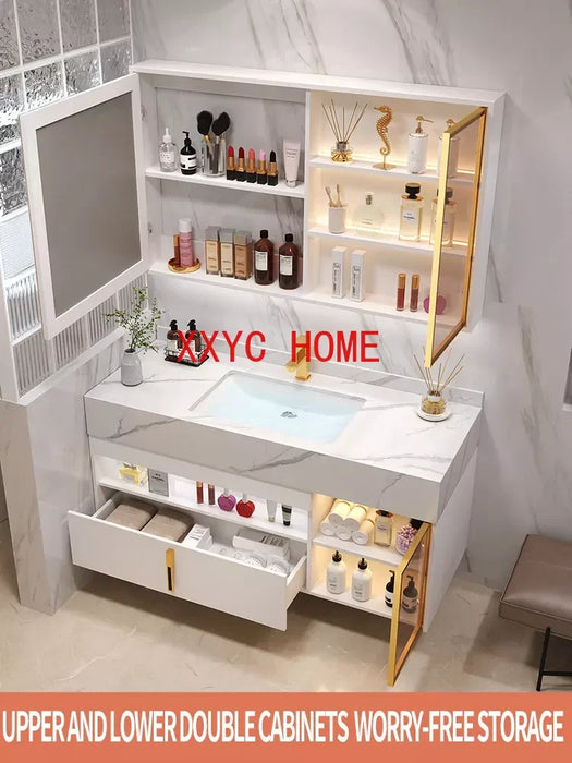 New Light Luxury Slate Bathroom Cabinet Intelligent Induction Double Washbasin Full Sets Solid Wood Furniture Custom Wash Table