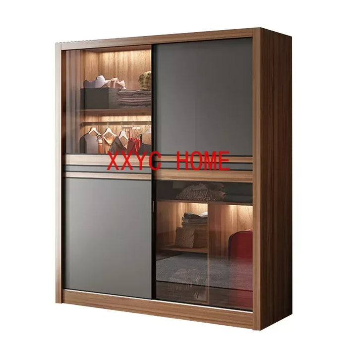 Simple Modern Organizer Wardrobe Clothes Wooden Bedroom Nordic Wardrobe Glass Sliding Door Hanger Rail Ropero Household Items