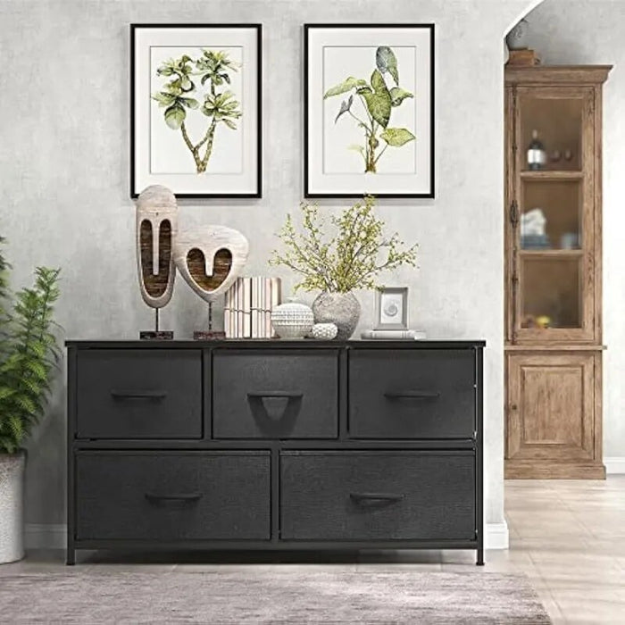 Chest of Drawers with Fabric Bins, Long Dresser with Wood Top for Bedroom,  Entryway, Black dressers for bedroom  vanity desk