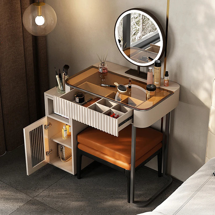 Storage dresser makeup stool set, a large capacity storage drawer, a high storage cabinet, removable LED makeup mirror