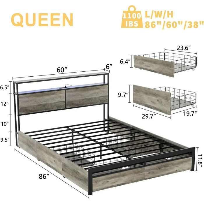 Bed frame with storage headboard and 4 drawers LED light metal platform noiseless mattress base with sturdy metal slats support