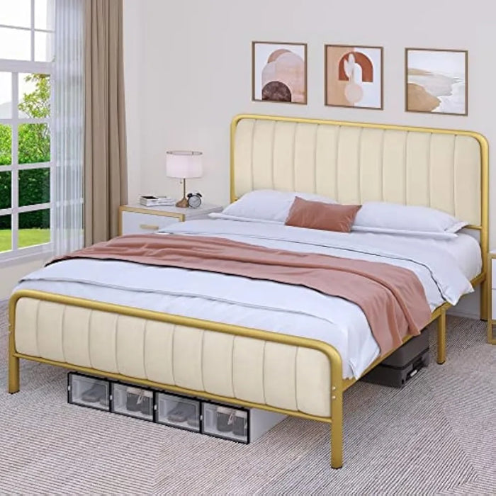 Queen Size Bed Frame, Velvet Bed Frame with Upholstered Headboard, Strong Metal Slats Support Platform Bed, No Box Spring Needed