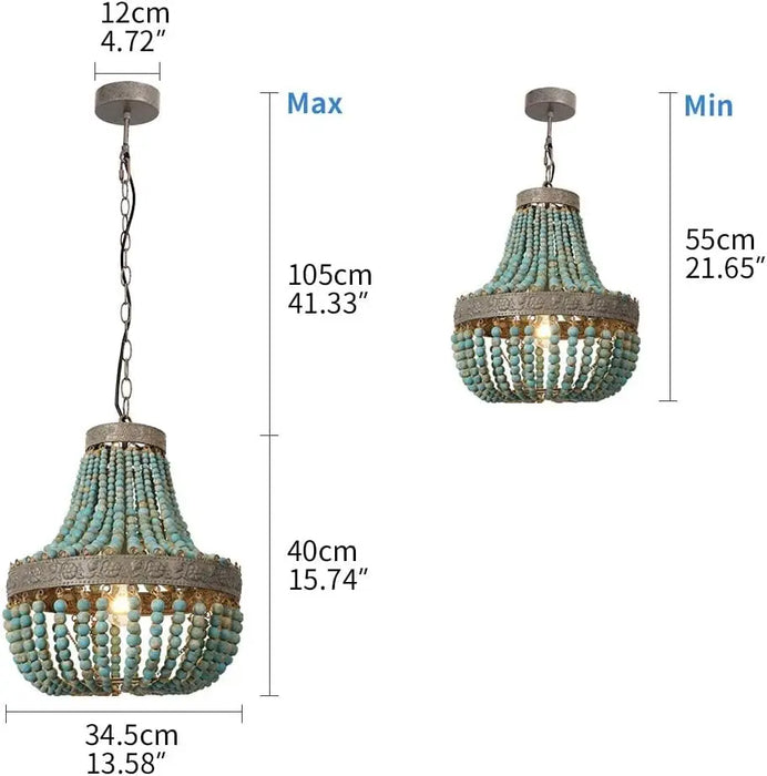 Modern Loft Retro Chandelier E27 Blue Wooden Bead Chandelier Boho Style Decor Light Living Room Bedroom Hotel Kitchen Lamp