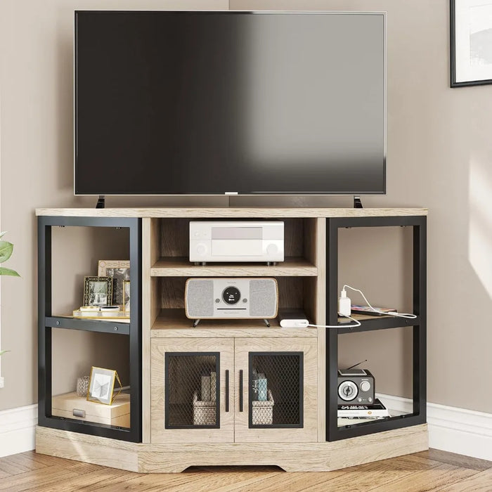 TV Bench with Power Outlet, Media Console Table with 6 Open Storage Shelves for Living Room, Corner TV Stand, 47" White Oak