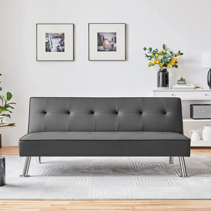 Convertible Sofa Couch Futon Bed Faux Leather Sofa Bed Sleeper Adjustable Loveseat Futon Couch Living Room Furniture with Chrome