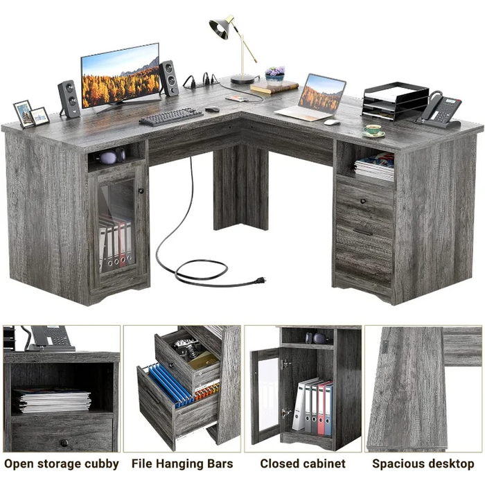 Unikito L Shaped Desk with Drawers, 60 Inch Corner Computer Desks with USB Charging Port and Power Outlet, Large 2 Person Home