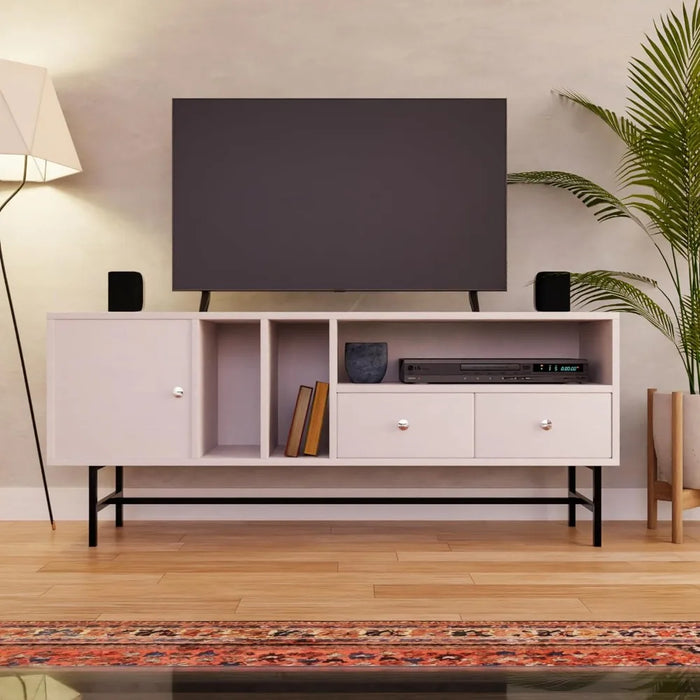Mid-Century Modern Rectangular TV Stand With Enclosed Storage and Powder-coated Iron Legs Tv Stand Living Room Furniture Cabinet