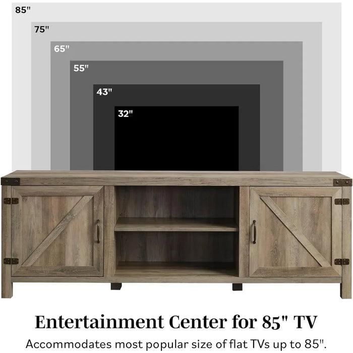 Modern double barn door TV cabinet, suitable for up to 80 inch TVs, with adjustable shelves, durable structure