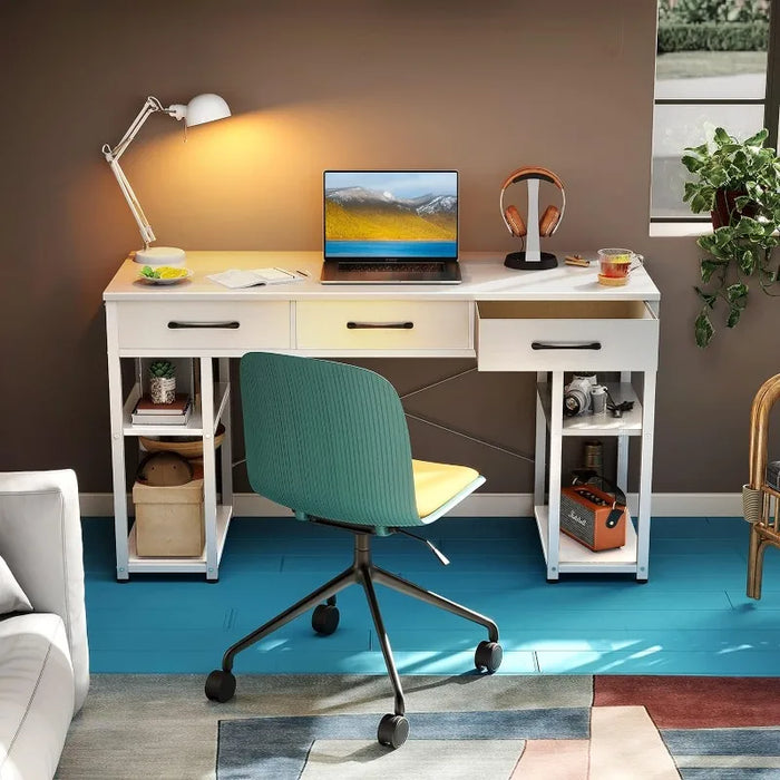 Office Small Computer Desk: Home Table with Fabric Drawers & Storage Shelves, Modern Writing Desk, White, 48"x16"