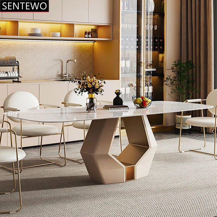 Luxury Rock Slab Dining Room Table 8 Chairs Set Stainless Steel Gold Frame Faux Marble Table Furniture Mesa Comedor Y Sillas