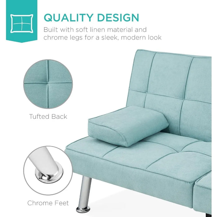 Living Room Sofas Linen Modern Folding Futon, Reclining Sofa for Apartment, 2 Cupholders Sofas