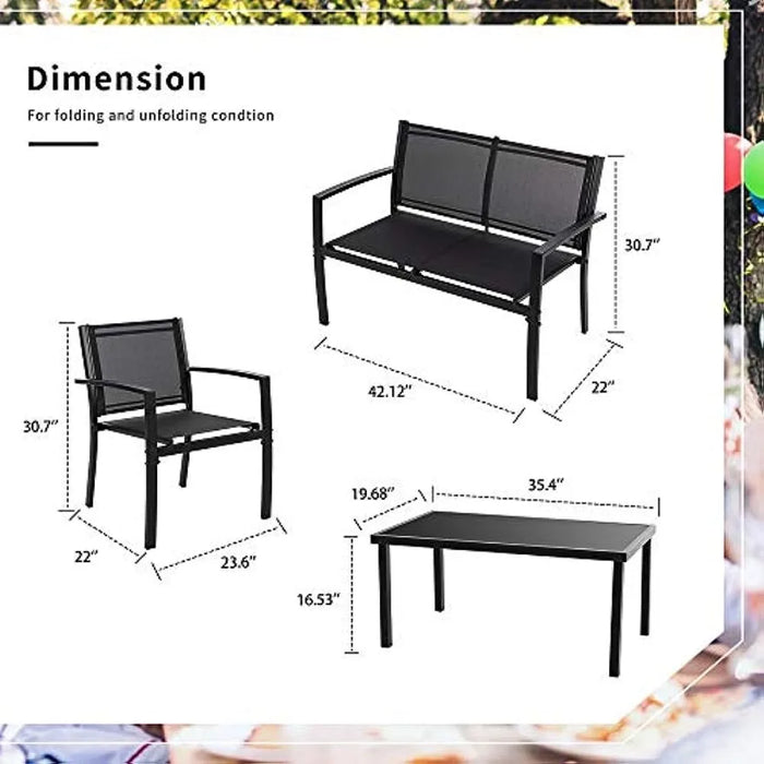 Shintenchi 4 Pieces Patio Furniture Set All Weather Textile Fabric Outdoor Conversation Set, with Glass Coffee Table, Loveseat
