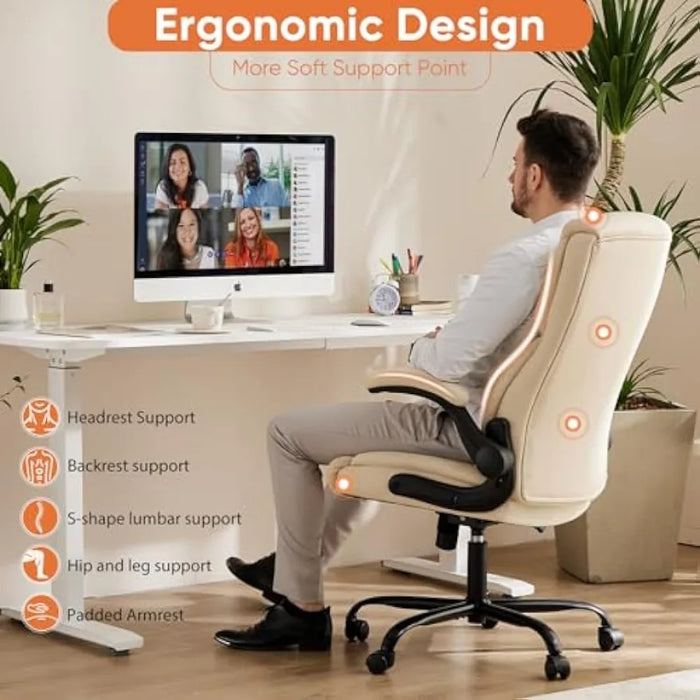 Office Chair Cream Ergonomic High Back Heavy Duty Task Chair With Flip-up Arms PU Leather Free Shipping Chairs Swivel Furniture