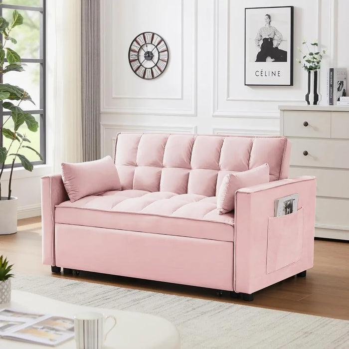 55.2" LoveSeat, Velvet Lounge Futon Chaise, Reversible Bed & Pockets & Toss Pillows, 2-seat Fabric Convertible, Pull Out Couch