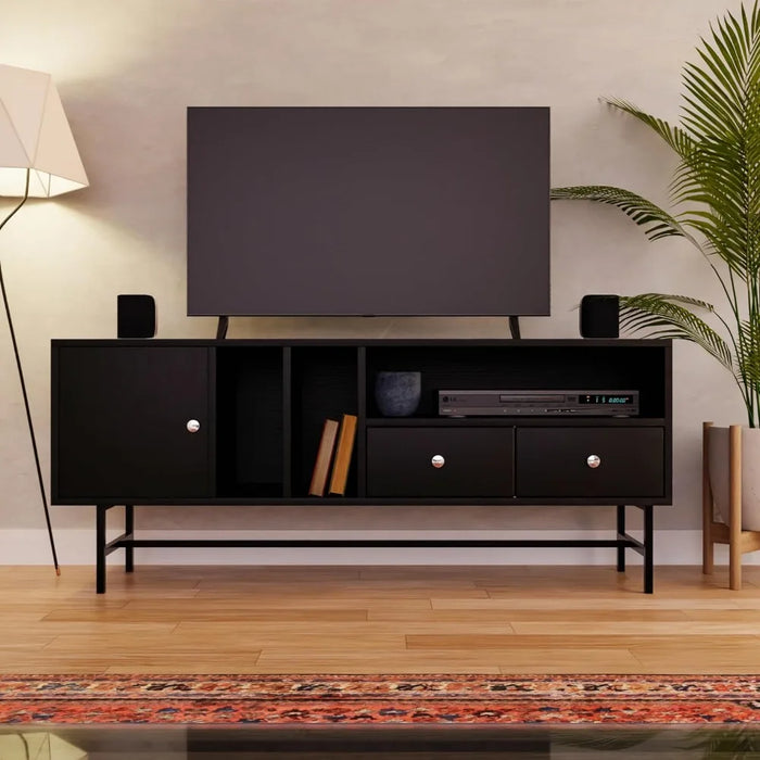 Mid-Century Modern Rectangular TV Stand With Enclosed Storage and Powder-coated Iron Legs Suitable for Living Room and Bedroom