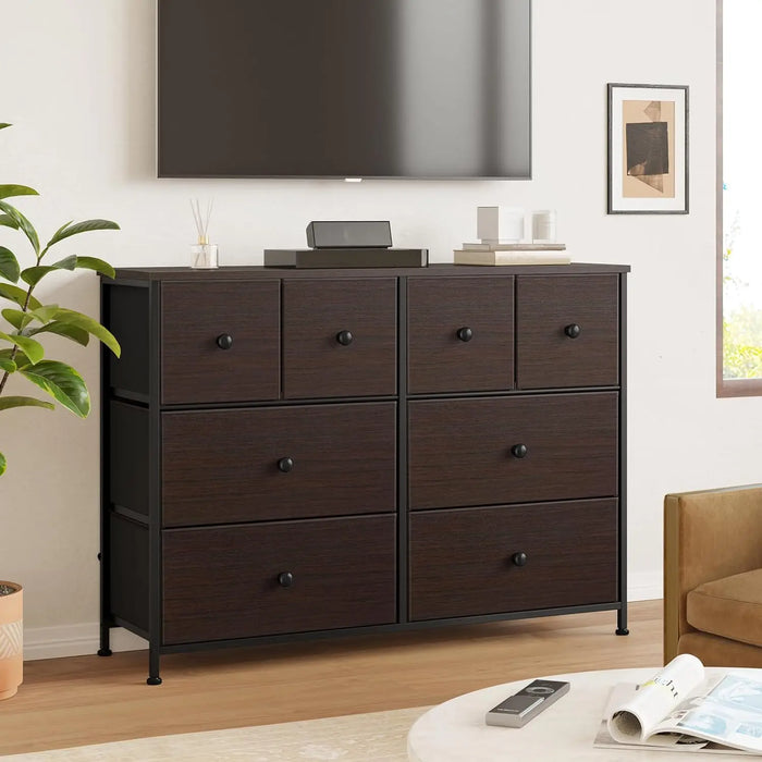 8 Drawer Dresser Faux Leather Chest of Drawers Fabric Dresser with Wooden Top Storage Organizer Unit Closets (Rustic Brown)