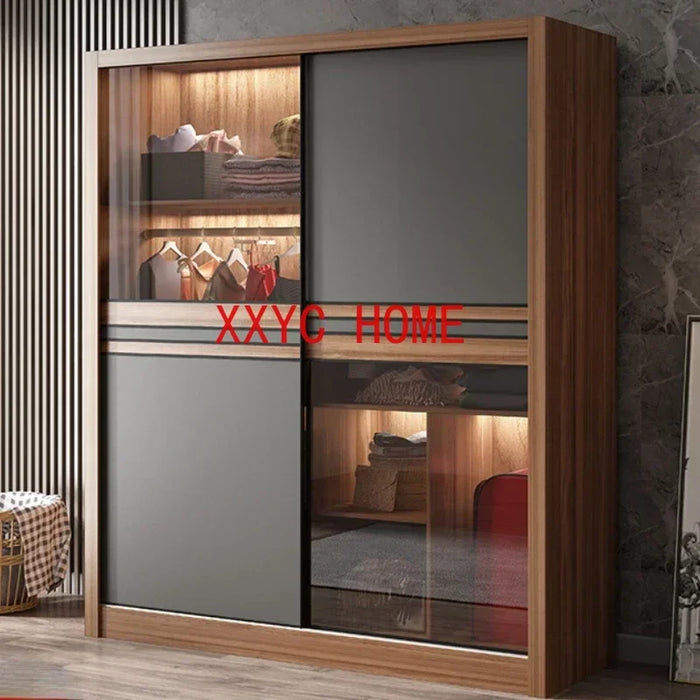 Simple Modern Organizer Wardrobe Clothes Wooden Bedroom Nordic Wardrobe Glass Sliding Door Hanger Rail Ropero Household Items