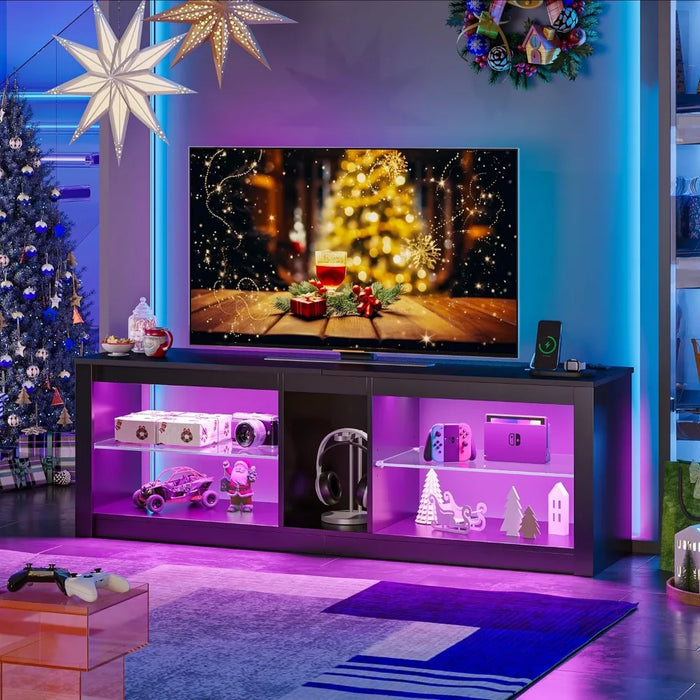 Adjustable Glass Shelves Two Cabinets for 75inch Led TV Stand Modes Modern LED Corner Console Living Room Black Display Cabinet