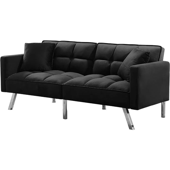 Modern Tuft Futon Couch Convertible Loveseat Sleeper Reclining Sofa Bed Twin Size with Arms and 2 Pillows for Living Room, Black
