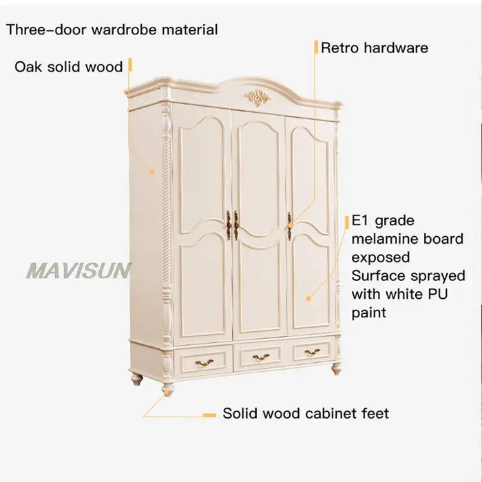 3 Door Light Luxury American Country Style Big Wardrobe Cabinet For Clothes Bedroom Small Apartment Solid Wood Drawer Storage