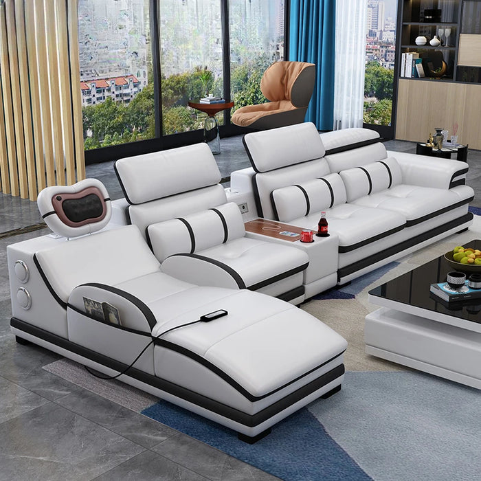 Multifunctional massage combined living room small apartment modern corner leather sofa