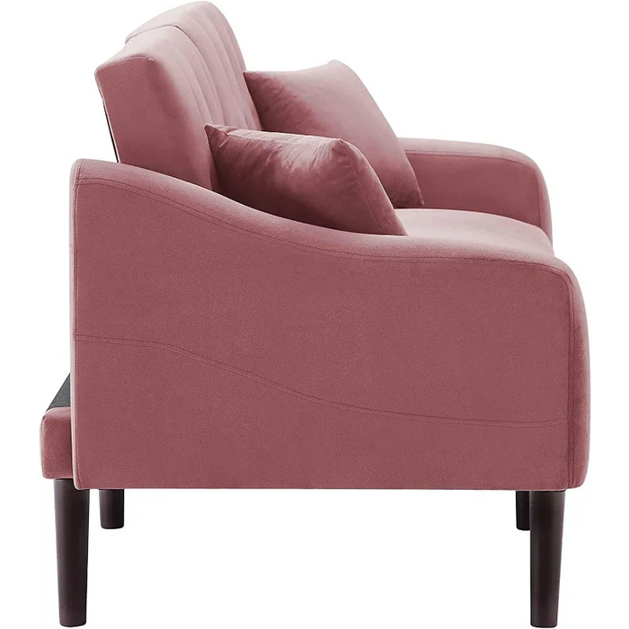 DNYN Convertible Sleeper Futon Sofa with 2 Pillows, Velvet Tufted Couch w/Metal Legs and Adjustable Backrest, for Apartment Offi