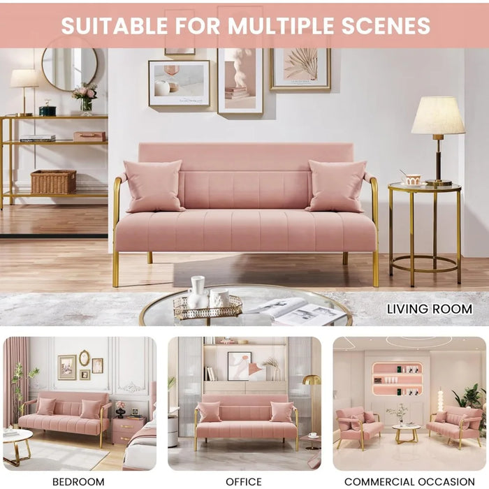56.6″W Modern Loveseat 2 Seater Sofa Luxurious Velvet Fabric Couch Futon with Gold-Tone Metal Arms and Legs Sofa