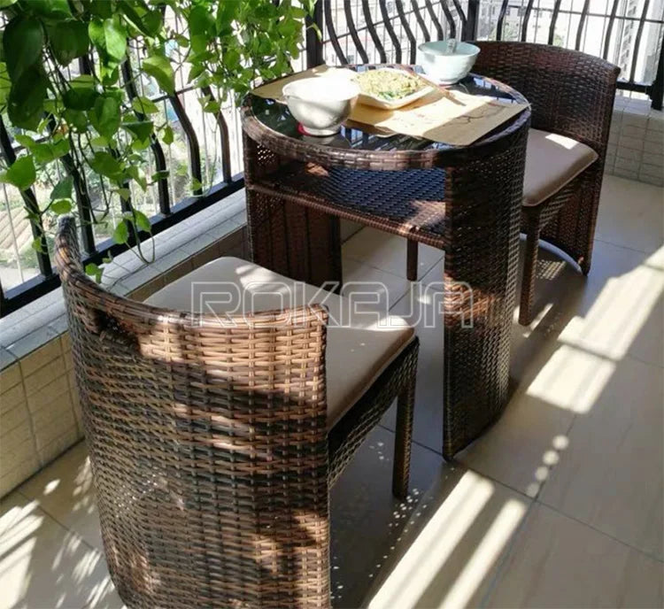 Balcony Restaurant Rattan Hide Chair Outdoor Dining Table Set Wicker Garden Table Chair Three-Piece Wicker Furniture