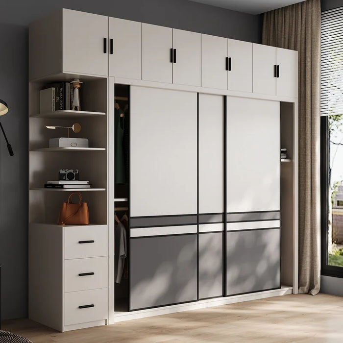 Light luxury wardrobe modern simple solid wood multilayer sliding door large wardrobe household bedroom Nordic moving door cabin