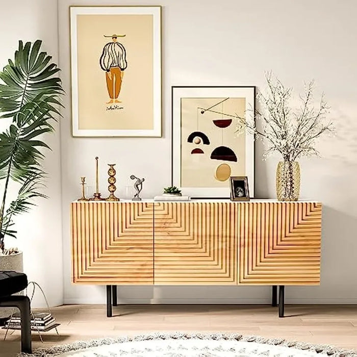 TV Stand for TVs up to 65", Media Console Entertainment Center for Living Room, Poplar Wood Print Carved and Geometric Design